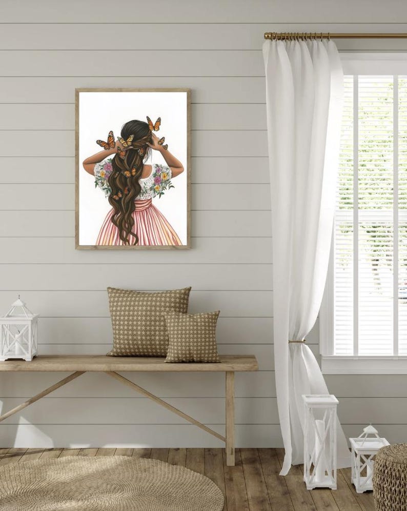 May include: A framed illustration of a woman with long brown hair decorated with butterflies and flowers. She is wearing a pink and white dress and is looking away from the viewer.