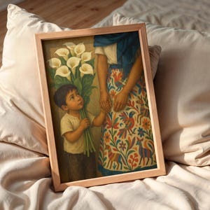 May include: A framed print depicts a child holding a bouquet of white calla lilies, looking up at an adult. The adult wears a patterned skirt with colorful birds and floral designs. The artwork has a warm, vintage aesthetic.