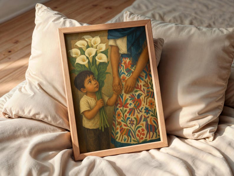 May include: A framed print depicts a child holding a bouquet of white calla lilies, looking up at an adult. The adult wears a patterned skirt with colorful birds and floral designs. The artwork has a warm, vintage aesthetic.