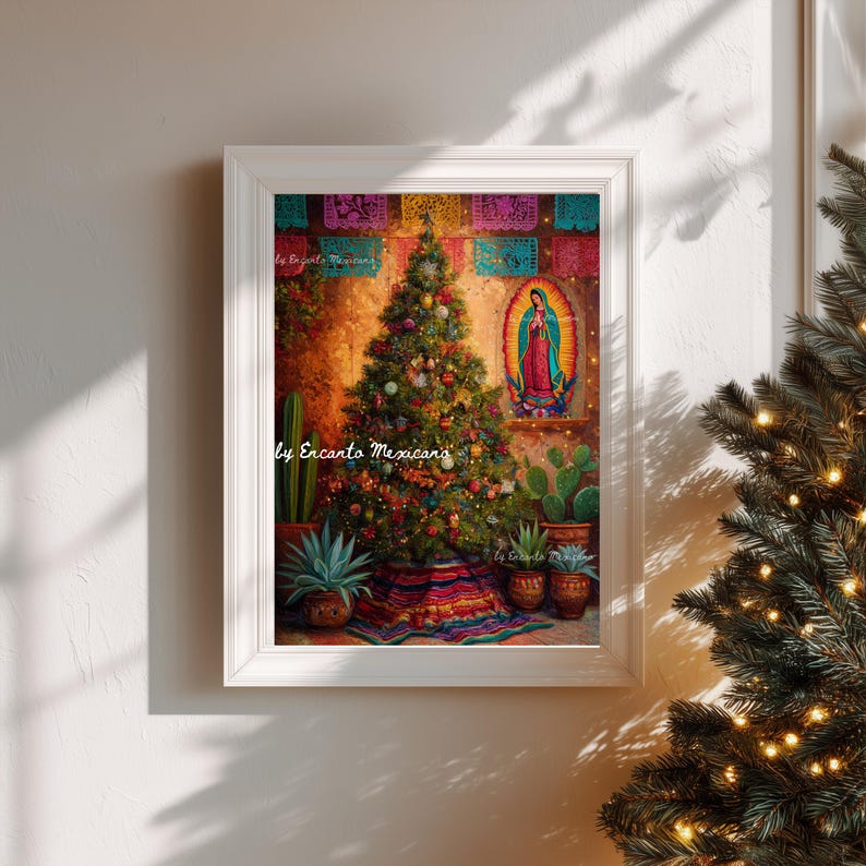 May include: A framed print featuring a decorated Christmas tree, cacti, and a depiction of the Virgin of Guadalupe. The artwork has a warm color palette with a festive, cultural theme. The text "by Encanto Mexicans" is visible.