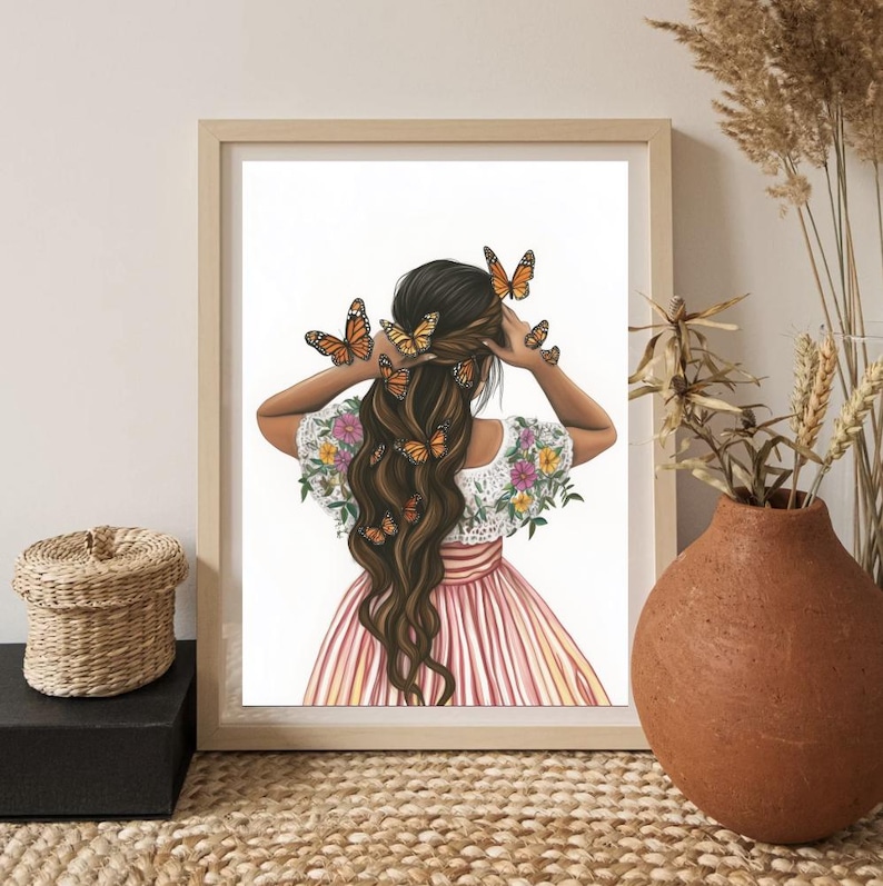May include: A painting of a woman with long brown hair decorated with orange and black butterflies. She is wearing a white dress with pink and white stripes and floral embroidery.