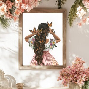 May include: A painting of a woman with long brown hair, wearing a pink and white striped dress with floral embroidery. Butterflies are in her hair.