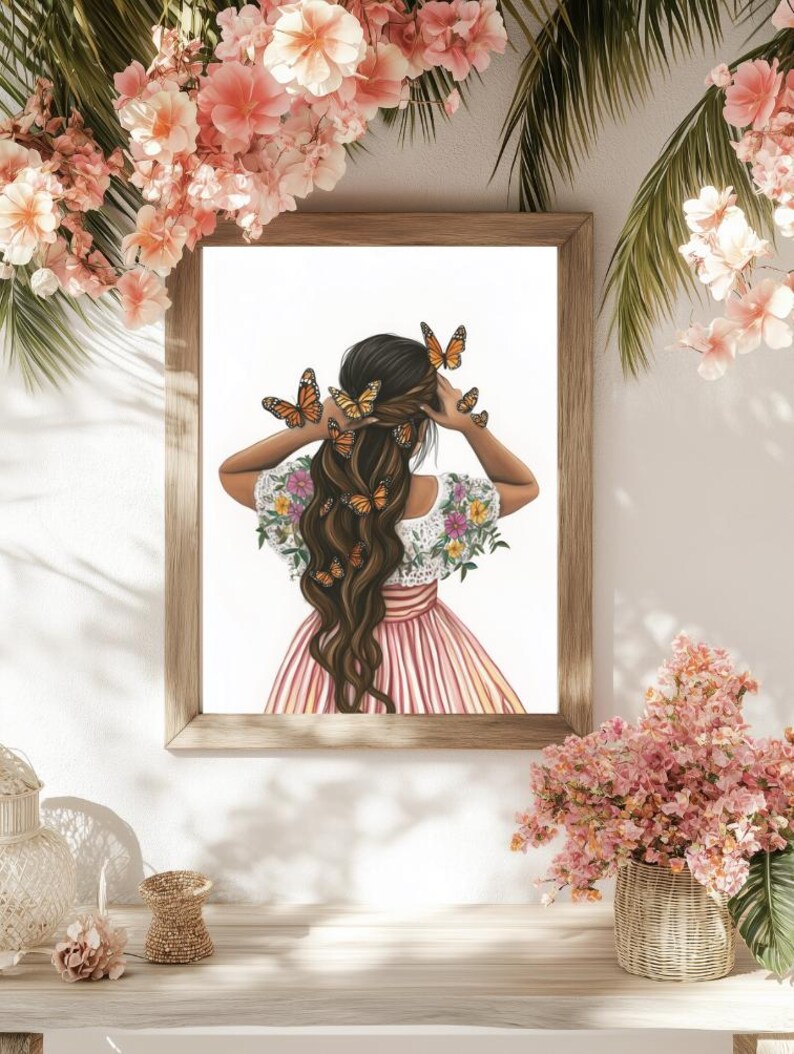 May include: A painting of a woman with long brown hair, wearing a pink and white striped dress with floral embroidery. Butterflies are in her hair.