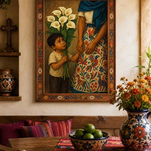 May include: A framed painting depicts a child offering a bouquet of white calla lilies to a person. The person wears a colorful patterned skirt and holds the child's hand. The painting is set in a room with a wooden table, pillows, and a vase of flowers.