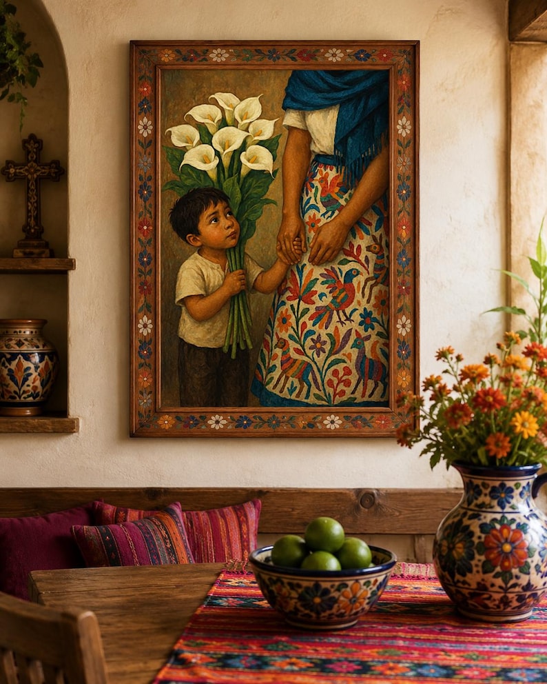 May include: A framed painting depicts a child offering a bouquet of white calla lilies to a person. The person wears a colorful patterned skirt and holds the child's hand. The painting is set in a room with a wooden table, pillows, and a vase of flowers.