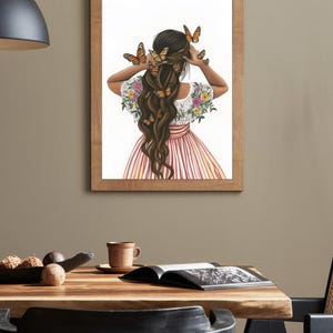 May include: A painting of a woman with long brown hair with butterflies in her hair. She is wearing a pink and white striped dress with floral embroidery.