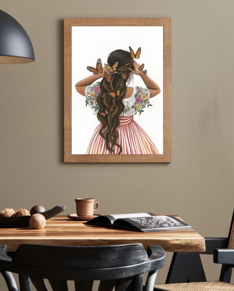 May include: A painting of a woman with long brown hair with butterflies in her hair. She is wearing a pink and white striped dress with floral embroidery.