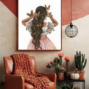 May include: A painting of a woman with long brown hair, wearing a pink and white striped dress with floral embroidery. Butterflies are flying around her head.