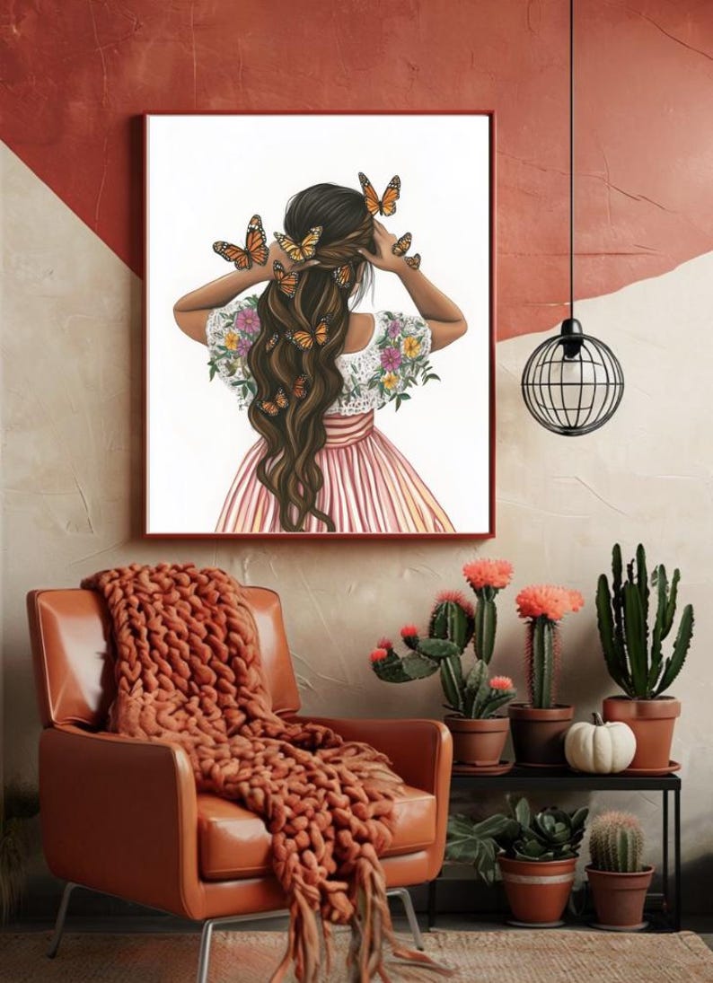 May include: A painting of a woman with long brown hair, wearing a pink and white striped dress with floral embroidery. Butterflies are flying around her head.