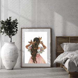 May include: A digital illustration of a woman with long brown hair adorned with butterflies. She is wearing a pink and white dress with floral embroidery. The background is white.