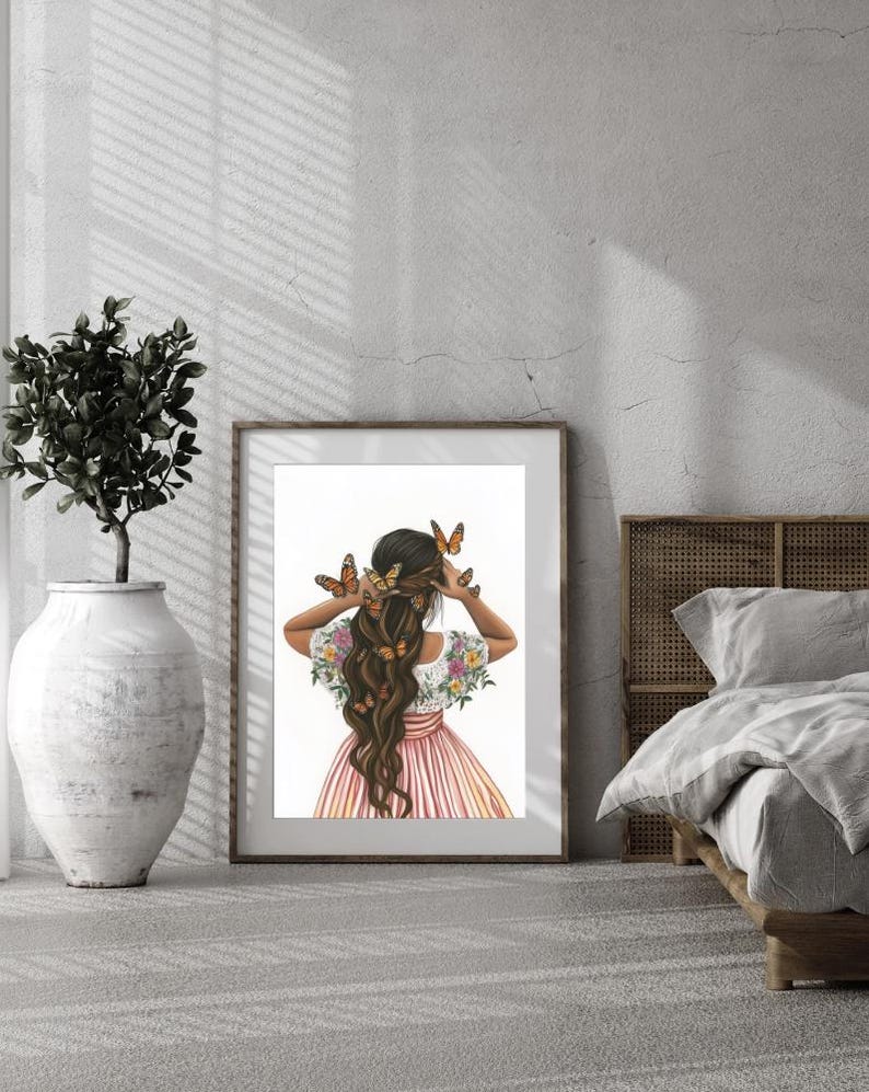 May include: A digital illustration of a woman with long brown hair adorned with butterflies. She is wearing a pink and white dress with floral embroidery. The background is white.