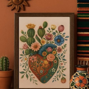 Mexico Wall Art, Mexican Art, Blooming Heart wall art, Corazon Mexicano Art, Mexico Oil Painting