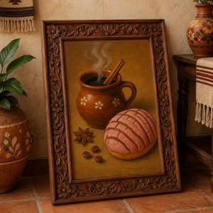 Pu&ograve; includere: Dipinto incorniciato raffigurante una bevanda calda in una tazza marrone con cannella, un dolce concha rosa, anice stellato e chicchi di caff&egrave;. La cornice &egrave; marrone scuro con intagli floreali. L'atmosfera &egrave; calda e accogliente.