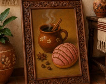 May include: A framed painting depicts a warm beverage in a brown mug with a cinnamon stick, a pink concha pastry, star anise, and coffee beans. The frame is dark brown with floral carvings. The painting evokes a cozy, inviting atmosphere.