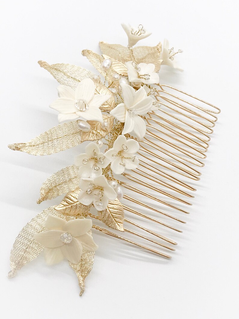 Gold floral comb,bridal floral comb,wedding comb,gold bridal headpiece porcelain headpiece