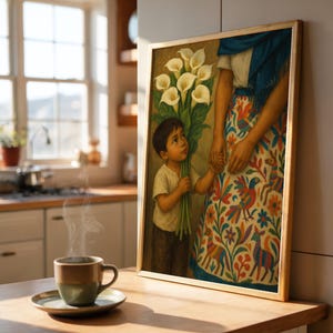 May include: A framed painting depicts a child offering white calla lilies to a woman. The woman wears a blue shawl and a colorful skirt with bird and floral patterns. A cup of coffee sits on a saucer on a wooden surface.