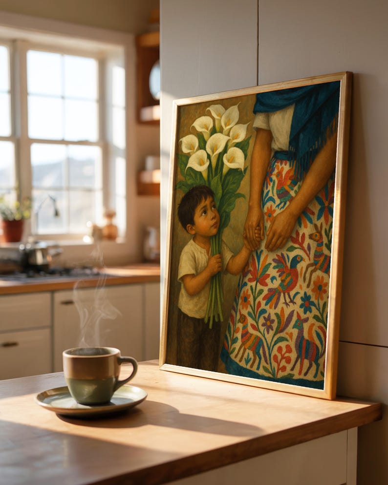 May include: A framed painting depicts a child offering white calla lilies to a woman. The woman wears a blue shawl and a colorful skirt with bird and floral patterns. A cup of coffee sits on a saucer on a wooden surface.