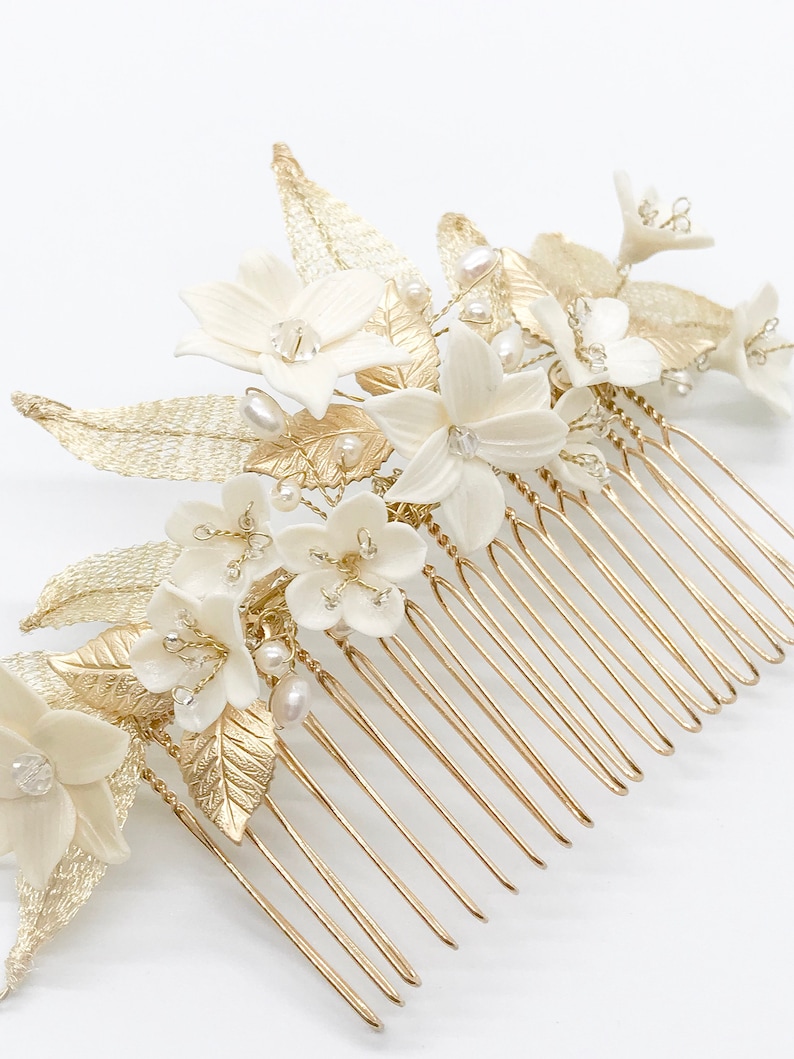 Gold floral comb,bridal floral comb,wedding comb,gold bridal headpiece porcelain headpiece