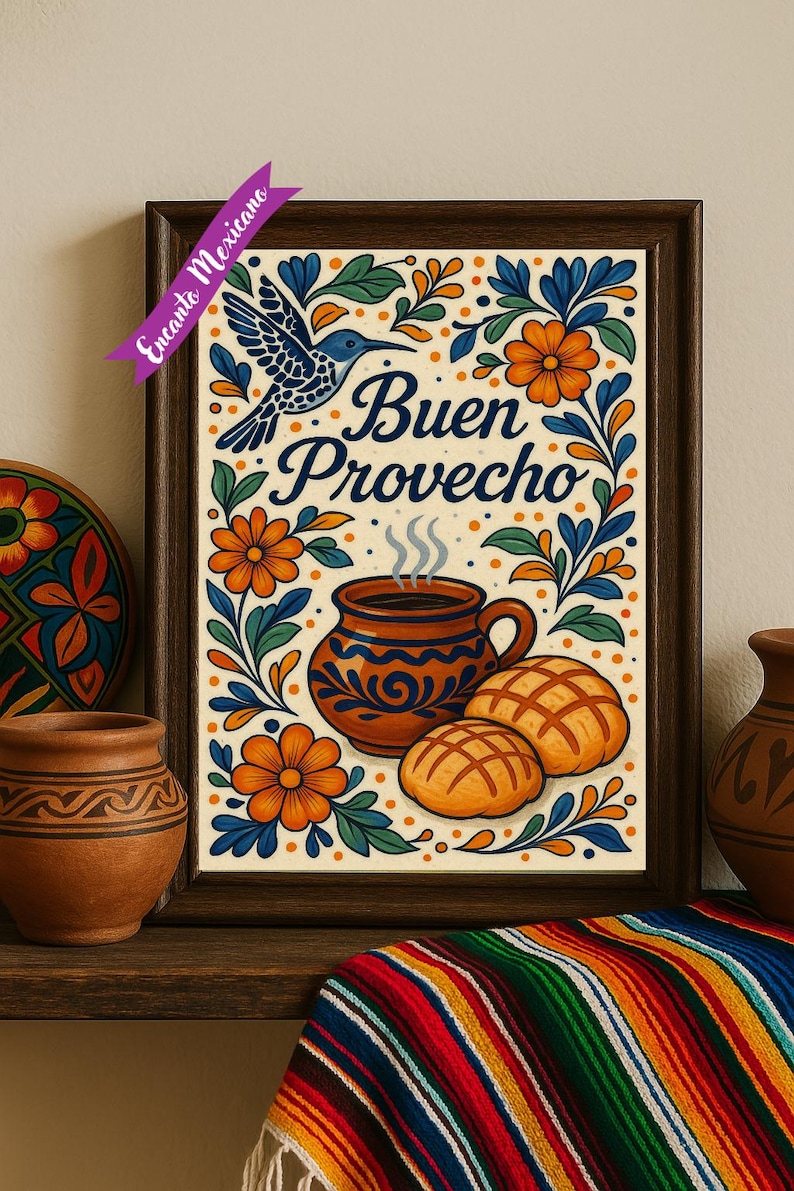 Puede incluir: Un cuadro enmarcado con borde marr&oacute;n que presenta una colorida ilustraci&oacute;n. La obra de arte incluye un colibr&iacute; azul, flores naranjas y las palabras "Buen Provecho". Tambi&eacute;n se representa una taza humeante y pan.