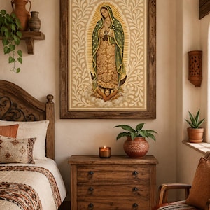 May include: A framed religious artwork depicting a figure in a green and gold robe, hands clasped in prayer, set against a cream-colored background with floral patterns. The artwork hangs above a wooden dresser in a bedroom setting.