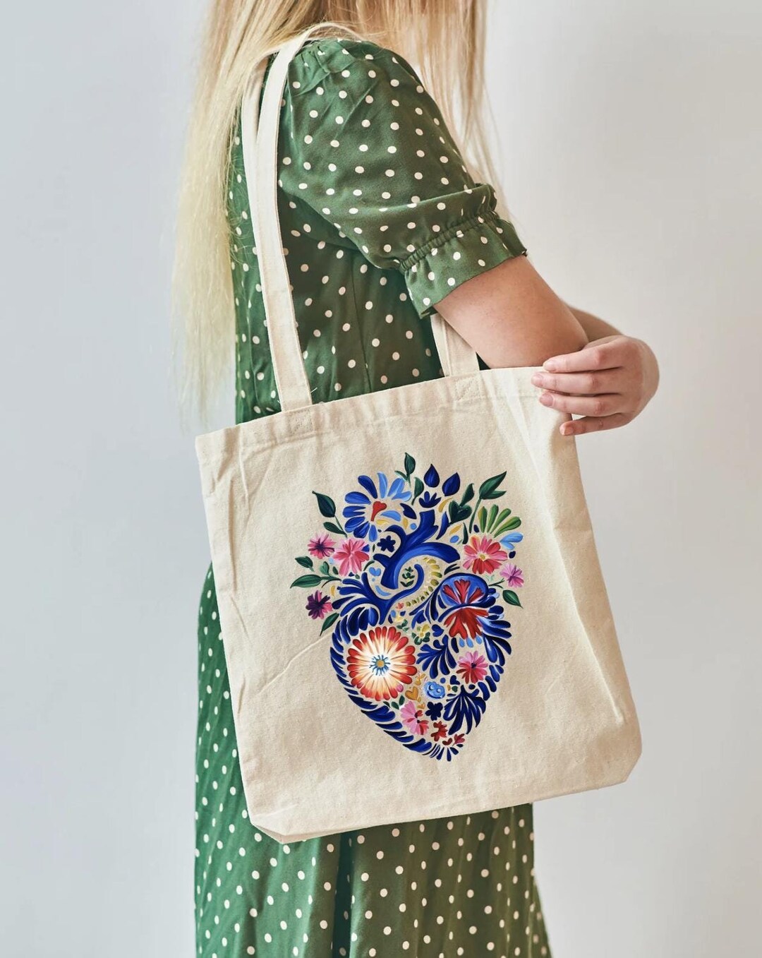 Cotton Canvas Tote Bag - Mexico Talavera Inspired Heart, Handbag ...