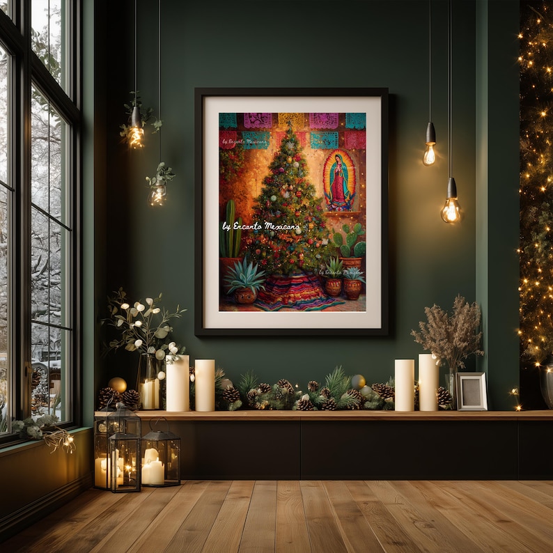 May include: A framed print of a Christmas tree with Mexican cultural elements, including a Virgin Mary image and colorful decorations. The artwork is displayed in a room with candles, greenery, and a dark green wall.