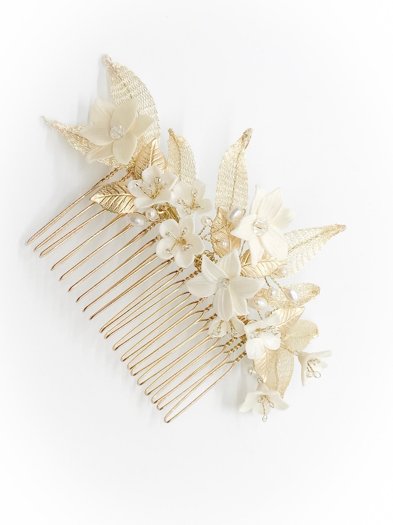 Gold floral comb,bridal floral comb,wedding comb,gold bridal headpiece porcelain headpiece