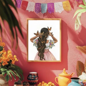 May include: A digital illustration of a woman with long brown hair decorated with butterflies. She is wearing a white blouse with floral embroidery and a pink and white striped skirt. The background is a white wall.