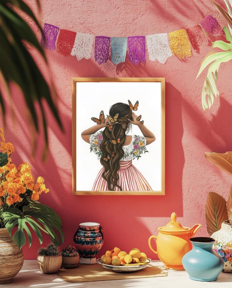 May include: A digital illustration of a woman with long brown hair decorated with butterflies. She is wearing a white blouse with floral embroidery and a pink and white striped skirt. The background is a white wall.