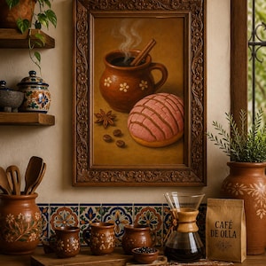 Pu&ograve; includere: Dipinto di natura morta con una tazza di caff&egrave; fumante, un bastoncino di cannella, una pasta concha e chicchi di caff&egrave;. La scena comprende tazze di ceramica, una caffettiera e un sacchetto di caff&egrave;. Il dipinto &egrave; incorniciato.