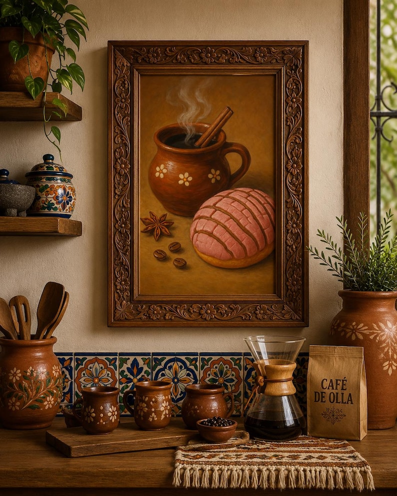 Pu&ograve; includere: Dipinto di natura morta con una tazza di caff&egrave; fumante, un bastoncino di cannella, una pasta concha e chicchi di caff&egrave;. La scena comprende tazze di ceramica, una caffettiera e un sacchetto di caff&egrave;. Il dipinto &egrave; incorniciato.