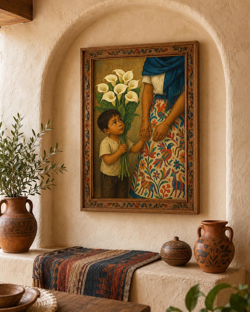 May include: A framed painting depicts a child offering white calla lilies to a woman. The woman wears a blue shawl and a colorful skirt. The painting is set in a rustic, arched alcove with terracotta pottery and a patterned textile.