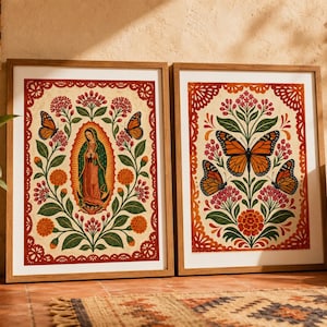 Mexico Wall Art Set of 2,Our Lady of Guadalupe,Monarch Butterfly Poster,Virgen de Guadalupe, Catholic art ,Mexican decor,Floral art Folk Art