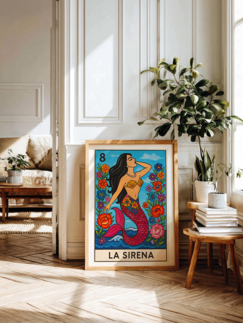 La Sirena Wall Art Print mexico Art mermaid Art Mexican Loteria 