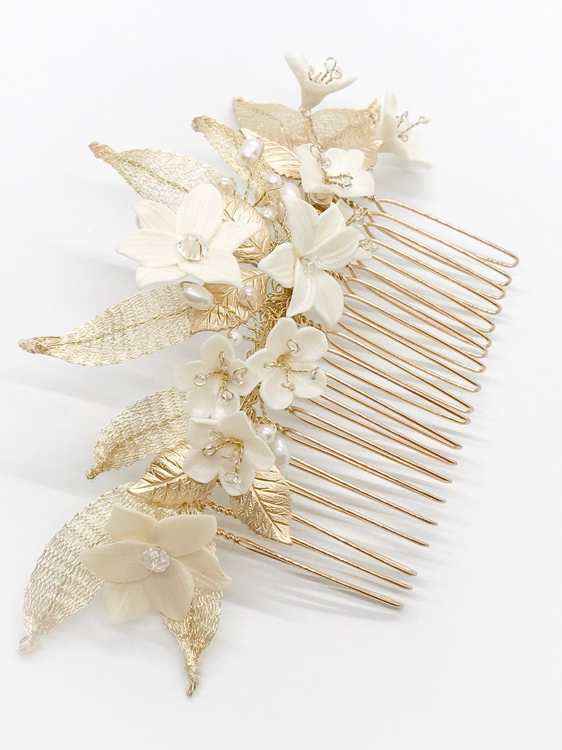 Gold floral comb,bridal floral comb,wedding comb,gold bridal headpiece porcelain headpiece