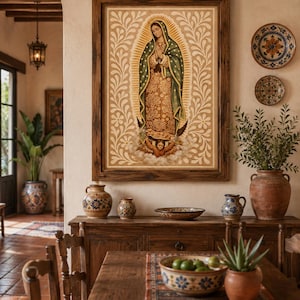 May include: A framed religious artwork depicting a figure in a green and gold robe, set against a beige background with floral patterns. The image is displayed above a wooden sideboard with decorative pottery and a dining table set with a bowl of limes.