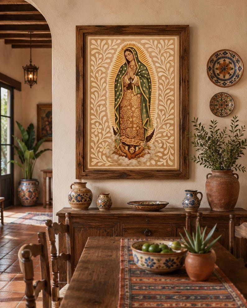May include: A framed religious artwork depicting a figure in a green and gold robe, set against a beige background with floral patterns. The image is displayed above a wooden sideboard with decorative pottery and a dining table set with a bowl of limes.