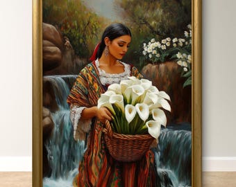 May include: A woman in a colorful dress and shawl stands by a waterfall, holding a basket of white calla lilies. The background is a lush green forest with a rocky stream.