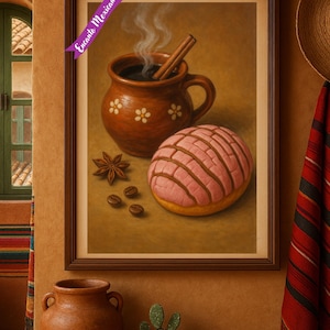 Pu&ograve; includere: Dipinto incorniciato raffigurante una tradizionale colazione messicana. Una tazza fumante marrone con un bastoncino di cannella, una pasta concha rosa, chicchi di caff&egrave; e anice stellato sono presenti. Lo sfondo &egrave; caldo e terroso.