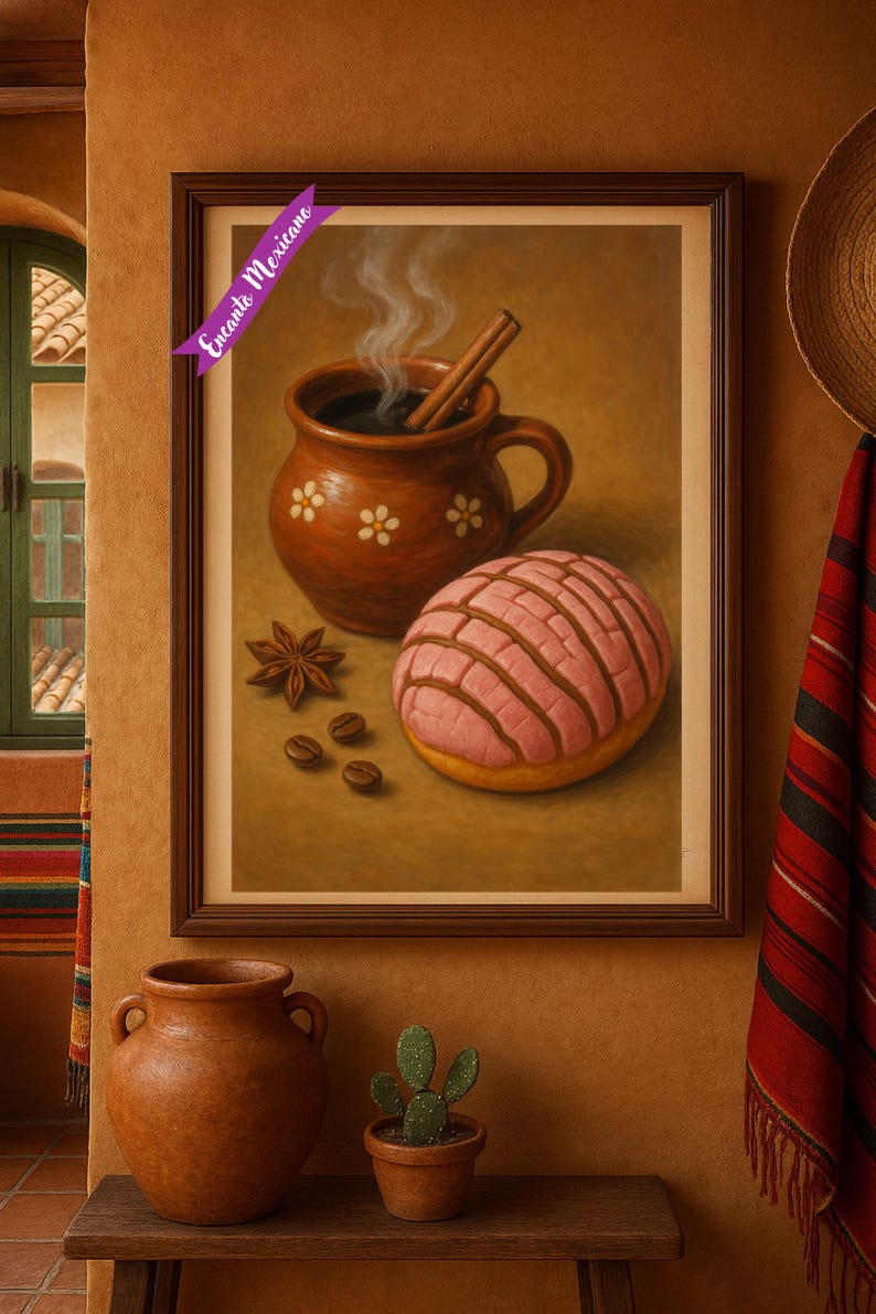 Pu&ograve; includere: Dipinto incorniciato raffigurante una tradizionale colazione messicana. Una tazza fumante marrone con un bastoncino di cannella, una pasta concha rosa, chicchi di caff&egrave; e anice stellato sono presenti. Lo sfondo &egrave; caldo e terroso.