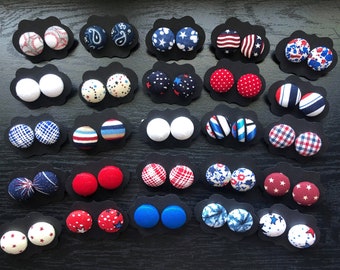 25 pairs bulk Americana Fabric Cover Button Earrings