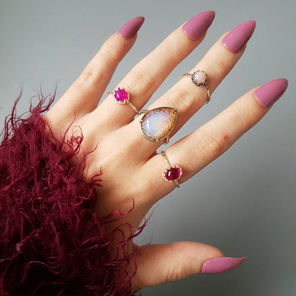 Teardrop fire opal ring | Silver plated | Adjustable | Statement | Summer jewelry | Unique jewellery | Bohemian | Gypsy | Festival | Pink