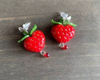 Handmade Polymer Clay Cute Miniature Heart Strawberry Stud Earrings