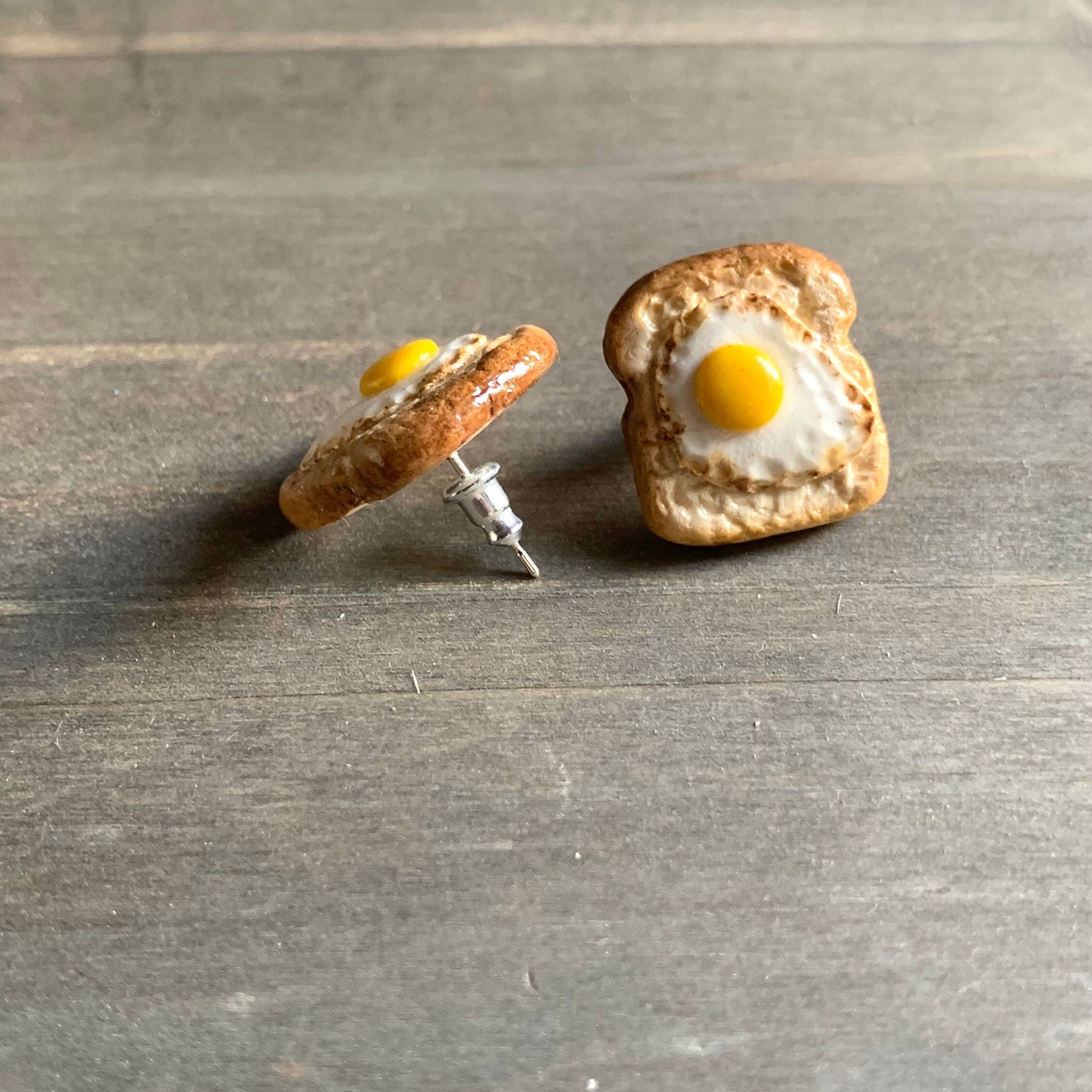 Handmade Polymer Clay Cute Miniature Egg on Toast Stud