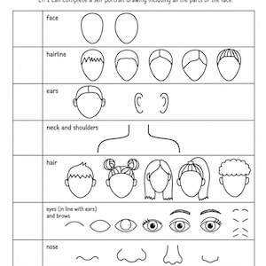 May include: A black and white educational worksheet titled SELF PORTRAIT CHECKLIST. It features line drawings of facial features including face shapes, hairlines, ears, neck and shoulders, hair styles, eyes with brows, noses, and mouths for drawing practice.