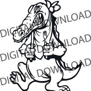 May include: A black and white illustration of a cartoon alligator wearing a chef's hat and holding a knife and fork.