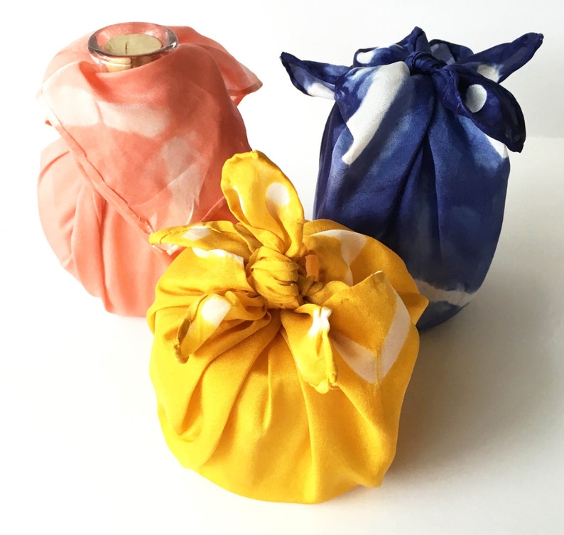 Furoshiki cloths, cloth wrap, gift card wrapping, hand dyed, shibori, wall art, mini size, set of 3, assorted color, assorted design, silk image 5