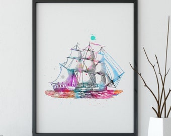 Sailing Watercolor Print Ship Artwork Nuatical Painting Vintage Ship Poster Wall Decor Home Decor Marine Art Sea Print