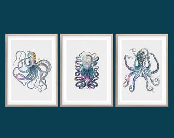 Gold Octopus Art Etsy - set of 3 octopus sea life art prints marine life wall art print watercolor animal prints beach house art money saving prints