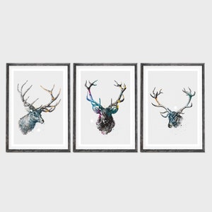 Set of 3 Stag Head Art Prints Scandinavian print Minimal Wall Art, Watercolor Animal Prints, Living Room Art, Money Saving Prints